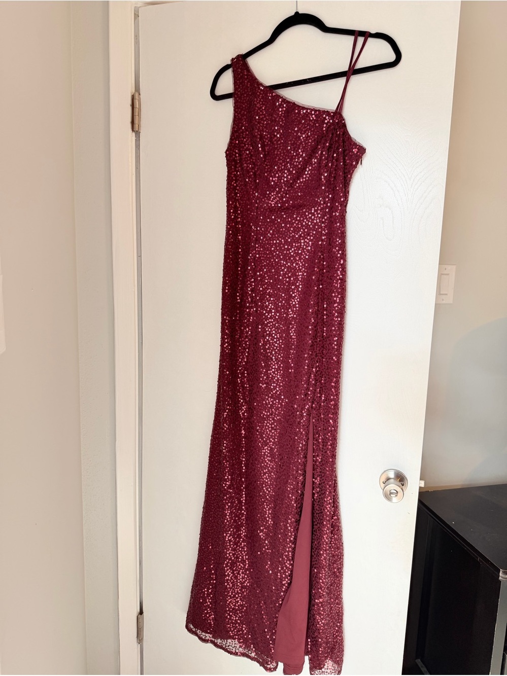 Adrianna Papell Wine One-Shoulder Sequin Gown